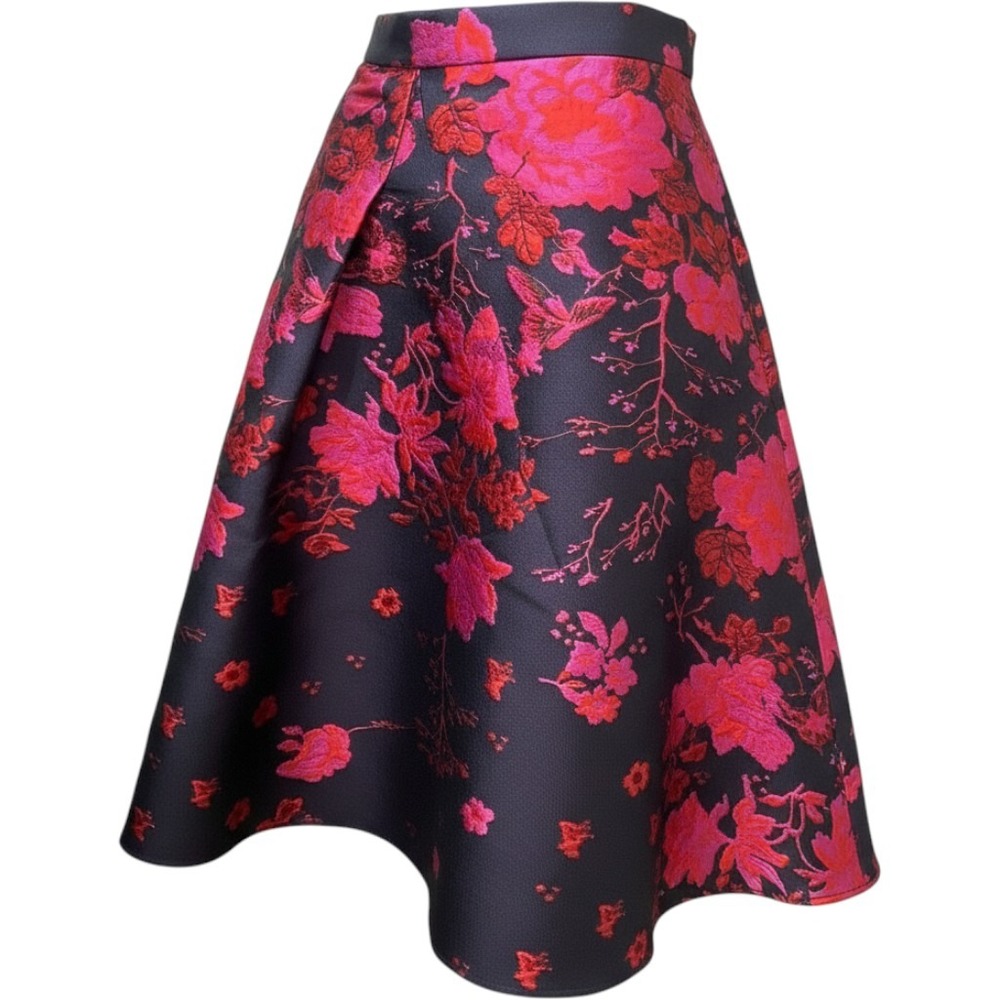 Eva Franco Floral Jacquard High-Low Skirt Navy Pink Red Size 4 A-Line Formal